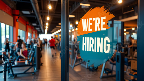 A fitness gym with a 'We're Hiring' banner on the glass door, inviting energetic individuals to join their team