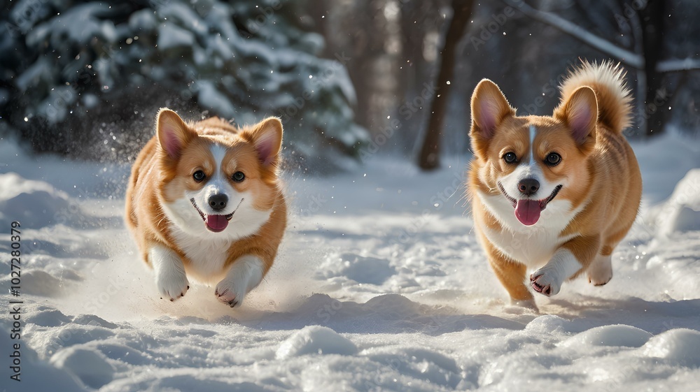 Funny friends - two corgi dogs running through the white snow Funny friends - two corgi dogs running through the white snow