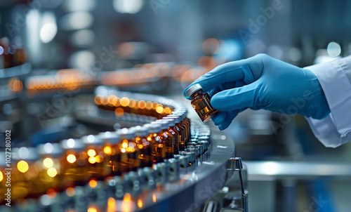 Pharmacist hand holds medical vial on a production conveyor