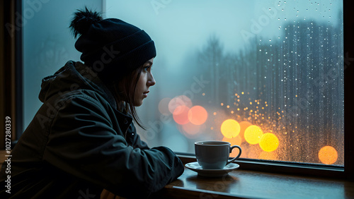 A serene moment of quiet reflection on a rainy day, with a person sitting by a large window, observing raindrops sliding down the glass
