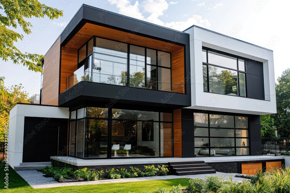 Modern house with a striking black and white exterior, wood highlights, and large glass windows, embodying urban luxury Modern house with a striking black and white exterior, wood highlights, and large glass windows, embodying urban luxury