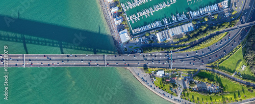 Top down shot of traffic on Auckland harbour bridge, New Zealand