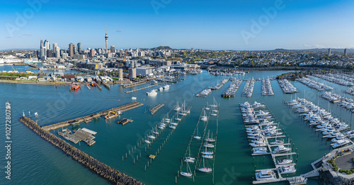 Aerial: Westhaven marina looking back to Auckland city, New Zealand photo