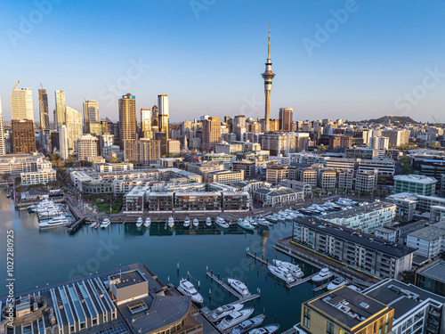 Aerial: Panoramic view of Auckland city skyline from viaduct harbour, New Zealand