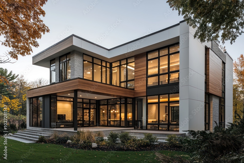 Fototapeta premium Modern house with clean architectural lines, large windows, wood accents, and a monochrome color palette