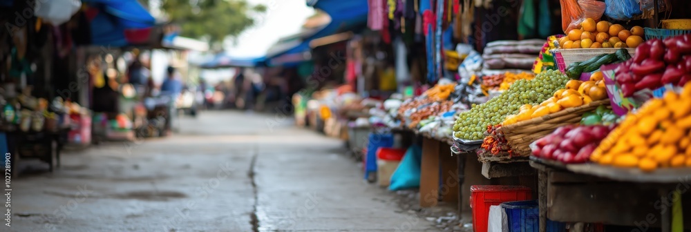 Fototapeta premium A lively outdoor market with various colorful fruits and vegetables displayed on multiple stalls, showcasing the hustle and bustle of local trade and commerce.