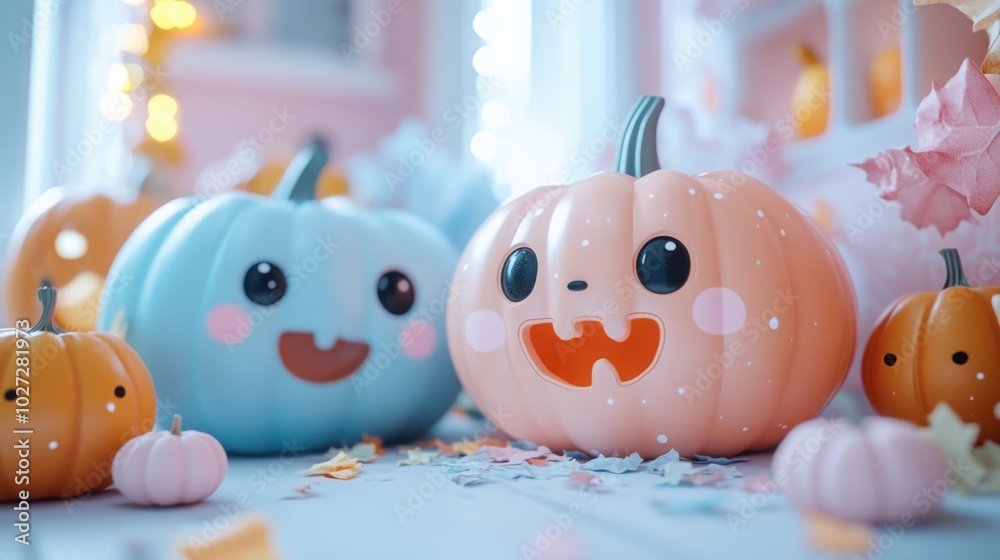 Obraz premium Halloween background, cartoon minimalist environment, tiny cute 3D style
