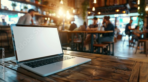 Laptop cafe table. Laptop on a wooden table in a cafe, perfect for showcasing your website or app. The blurred background provides a sense of relaxed ambiance.