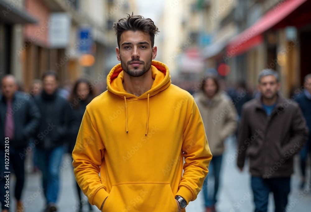 Obraz premium Urban Portrait: A stylish individual stands confidently amidst a bustling urban setting, drawing focus with an air of cool confidence. Capturing street style, cultural diversity.