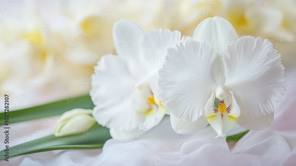 Delicate White Orchid Flower with Yellow Center and Soft Focus Background Delicate White Orchid Flower with Yellow Center and Soft Focus Background