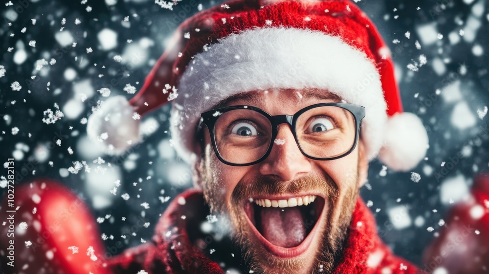 Excited man in Santa hat enjoying a winter snowfall, full of holiday cheer. Excited man in Santa hat enjoying a winter snowfall, full of holiday cheer.