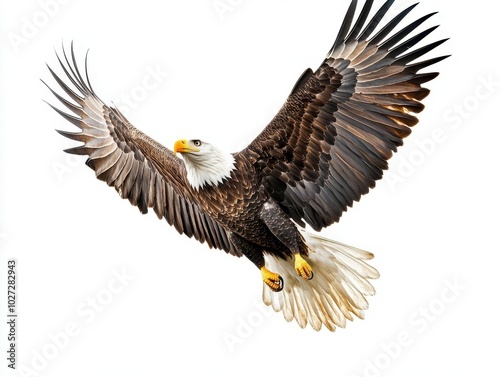 majestic american bald eagle soaring against a clear white background, showcasing its powerful wingspan and regal presence, symbolizing freedom and strength in nature