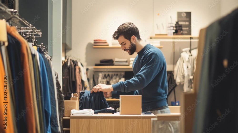 Man working in a clothing store, simple composition with copy space and minimal distractions. Man working in a clothing store, simple composition with copy space and minimal distractions.