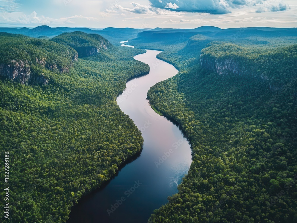 majestic long river cascading through verdant mountains, surrounded by dense rainforest foliage, capturing the essence of untouched nature in a breathtaking landscape scene majestic long river cascading through verdant mountains, surrounded by dense rainforest foliage, capturing the essence of untouched nature in a breathtaking landscape scene