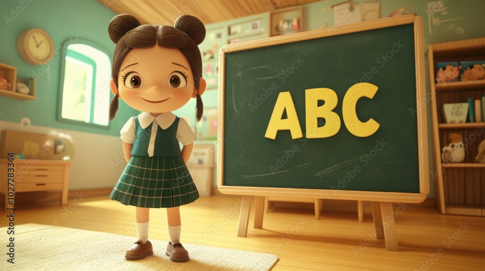 Schoolgirl standing in classroom next to a blackboard that says Schoolgirl standing in classroom next to a blackboard that says