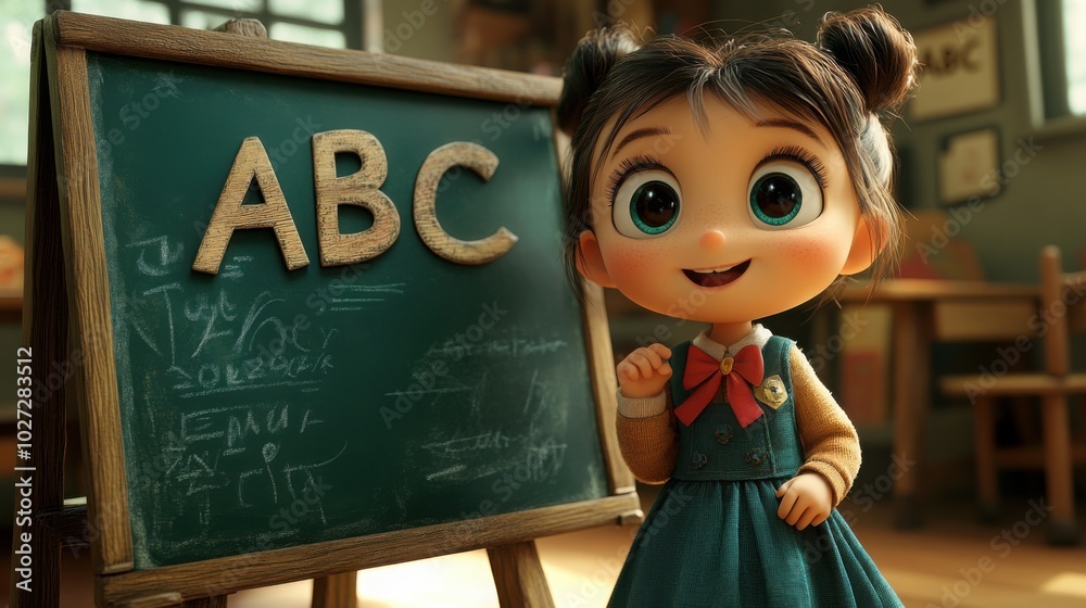 Schoolgirl standing in classroom next to a blackboard that says Schoolgirl standing in classroom next to a blackboard that says