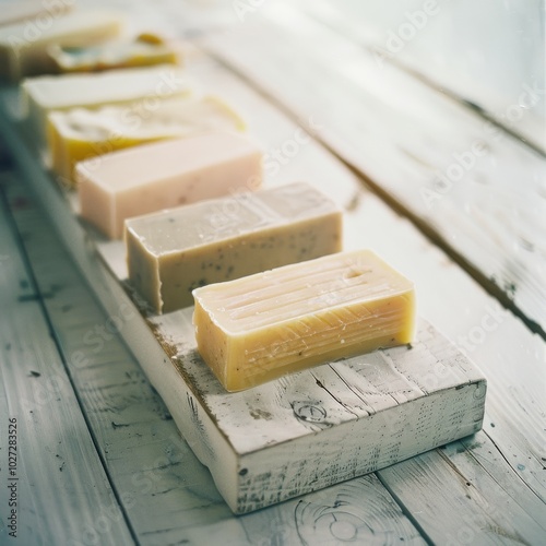 Handmade soaps in assorted colors sit neatly on a wooden board, exuding artisanal charm and fragrance. photo