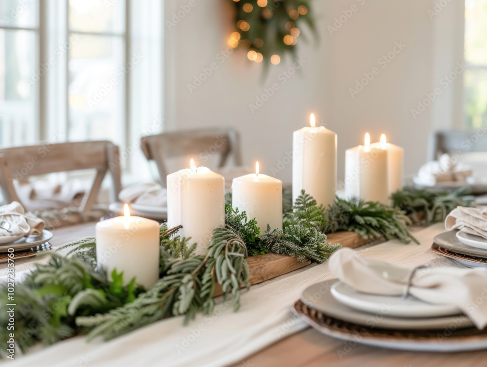 A minimalist holiday dining table with simple greenery, white candles, and no-fuss table settings, giving a serene festive feel A minimalist holiday dining table with simple greenery, white candles, and no-fuss table settings, giving a serene festive feel