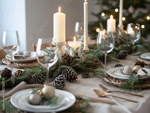 A minimalist, eco-friendly Christmas table setting with reusable plates, natural elements, and zero-waste decorations