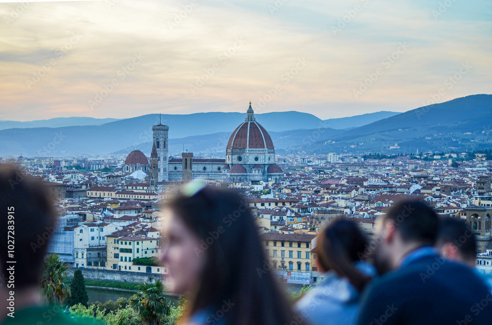 View of Florence for tourists, blurred in the foreground.Travel Italy.