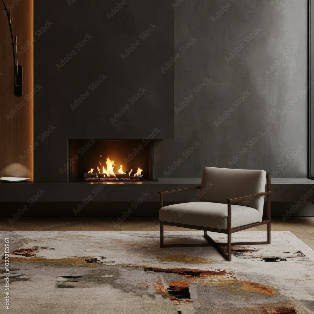 Modern minimalist living room with fireplace and abstract area rug. Modern minimalist living room with fireplace and abstract area rug.