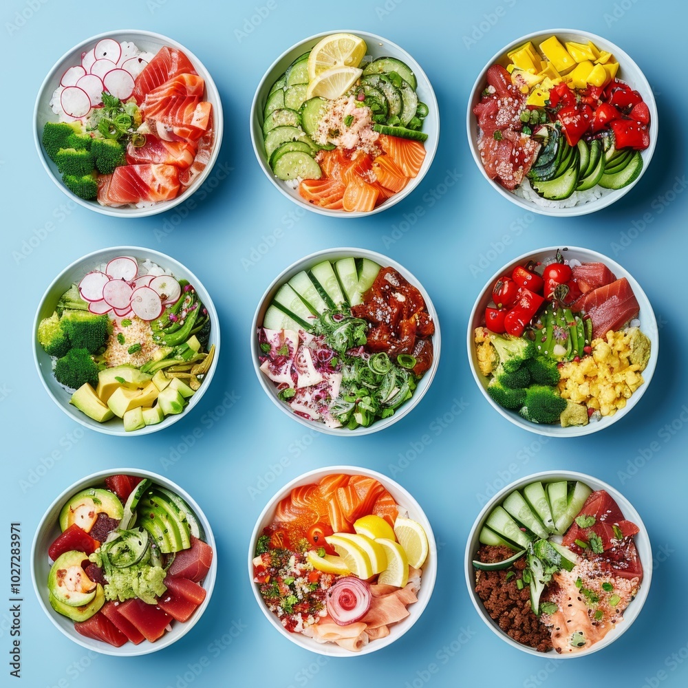 Nine vibrant poké bowls arranged on a blue background showcase fresh, colorful ingredients like salmon, cucumbers, and radish, celebrating culinary artistry. Nine vibrant poké bowls arranged on a blue background showcase fresh, colorful ingredients like salmon, cucumbers, and radish, celebrating culinary artistry.