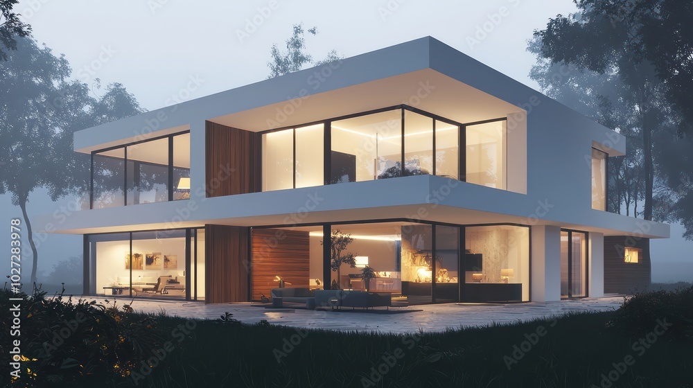 Modern house with white walls, large windows, and wood accents, warmly illuminated inside on a foggy evening Modern house with white walls, large windows, and wood accents, warmly illuminated inside on a foggy evening