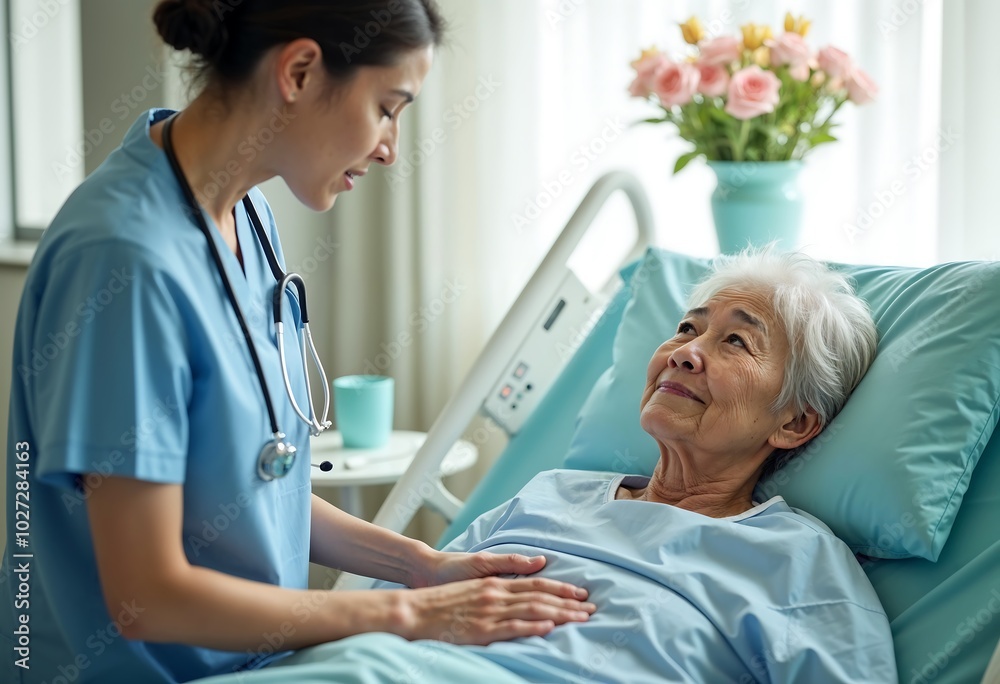 Fototapeta premium Caring Touch: A compassionate nurse tends to an elderly patient in a hospital room, the scene radiating comfort and professional care.