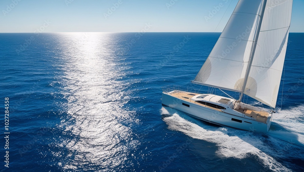 Obraz premium white sailboat gliding across a shimmering blue sea