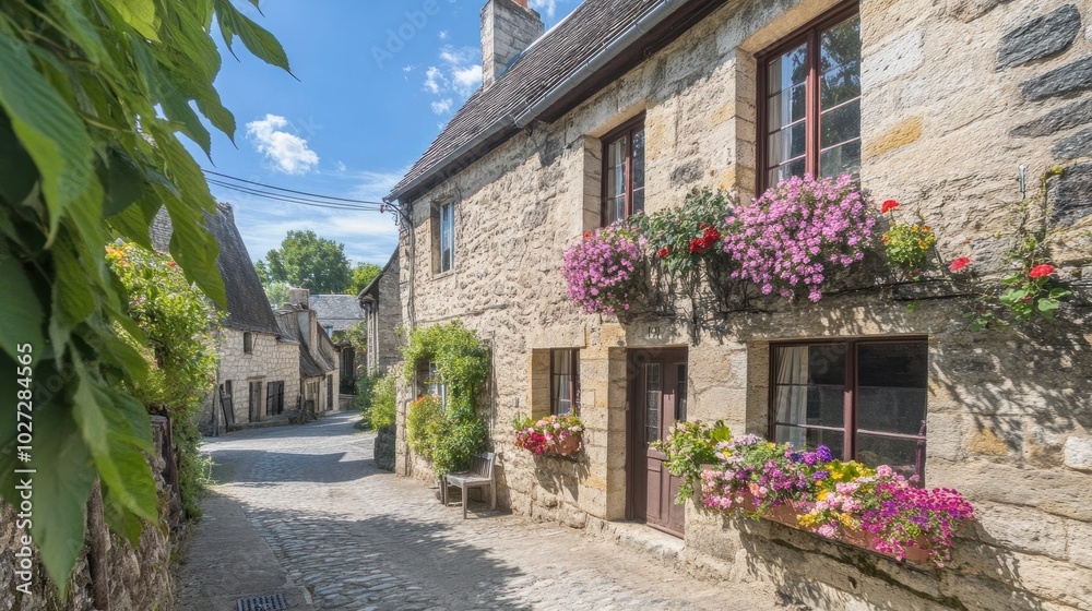 A charming stone house in a quaint European village, with colorful flower boxes adorning the windows and cobblestone streets winding through the town. A charming stone house in a quaint European village, with colorful flower boxes adorning the windows and cobblestone streets winding through the town.