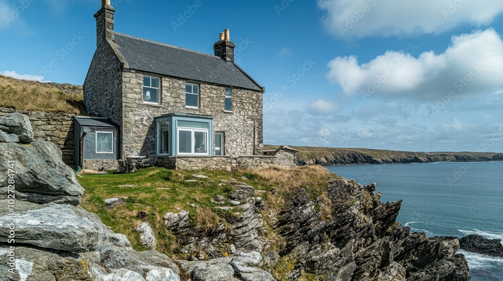 A cliffside stone house overlooking the ocean, its rugged stone walls blending seamlessly with the rocky terrain, offering a dramatic coastal view. A cliffside stone house overlooking the ocean, its rugged stone walls blending seamlessly with the rocky terrain, offering a dramatic coastal view.