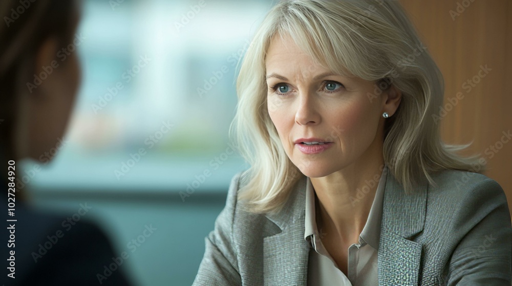 Dynamic Business Conversation: A Professional Woman Engaged in a Serious Discussion