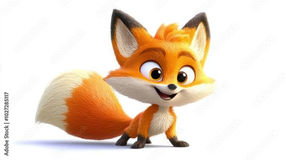 A 3D rendered cartoon fox with a bushy tail and large, expressive eyes, smiling cheerfully A 3D rendered cartoon fox with a bushy tail and large, expressive eyes, smiling cheerfully