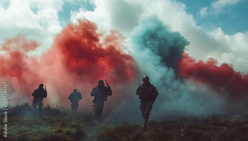 Fototapeta premium Capture people emerging from clouds of colored smoke or fog in a battlefield-like setting, using colored smoke bombs to create dramatic