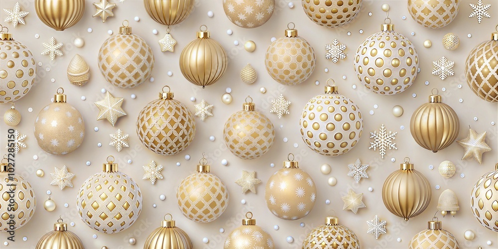 Golden Christmas ornaments and decorations arranged in a pattern on a light background Golden Christmas ornaments and decorations arranged in a pattern on a light background