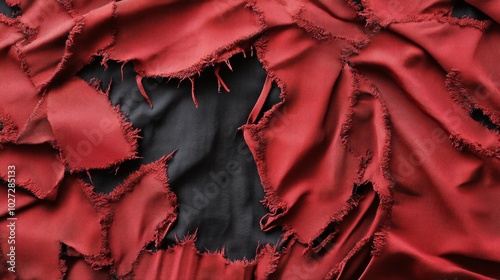 Torn fabric patterns with crossfire design in vibrant red and deep black, showcasing intricate textures and layers photo