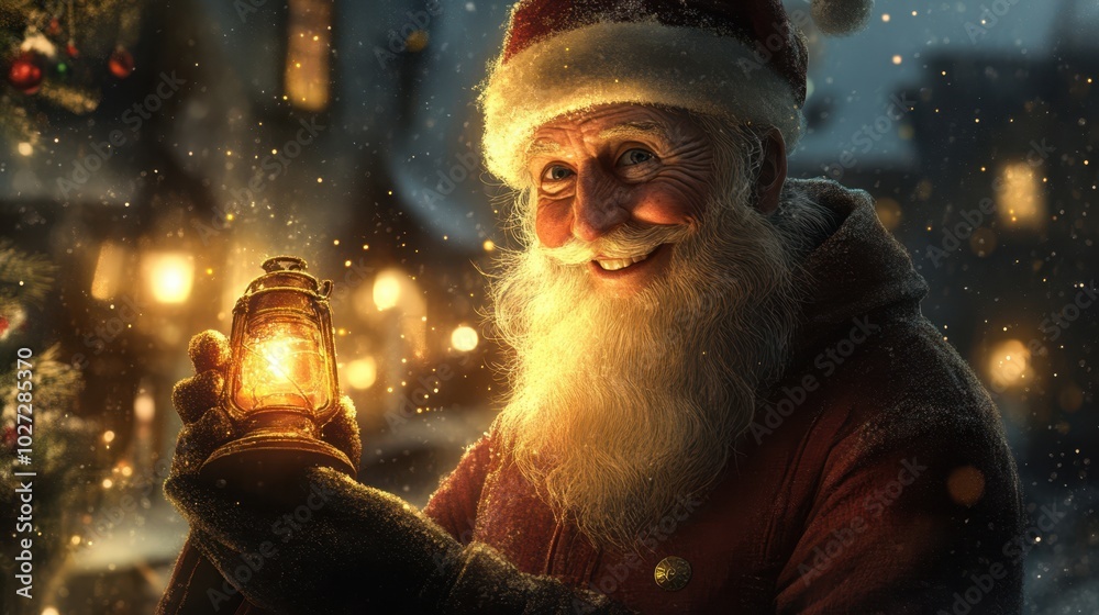 Jolly Santa Claus holding a glowing lantern amidst a festive, snowy evening scene. Jolly Santa Claus holding a glowing lantern amidst a festive, snowy evening scene.