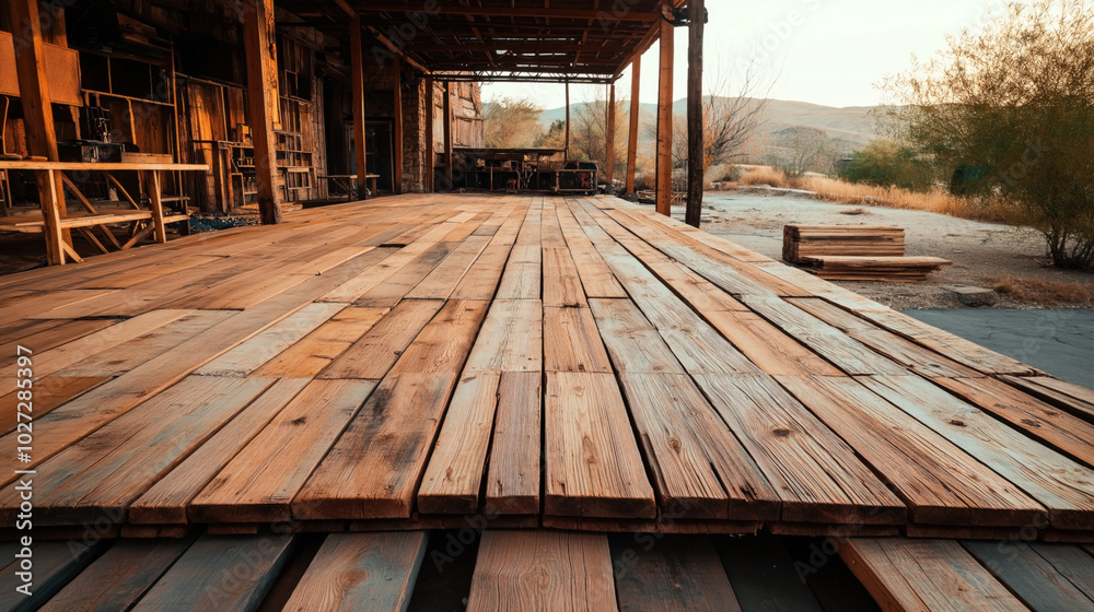 Obraz premium Outdoor wooden deck with freshly laid wooden planks extending towards a workshop area. The deck is adjacent to a rustic structure, surrounded by dry vegetation and a distant hilly landscape.
