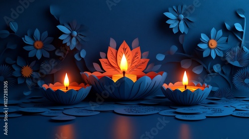 Vibrant Diwali stock images featuring paper cut style lamps adorned candles surrounded by decorative motifs creating a joyful atmosphere with ample space for text photo