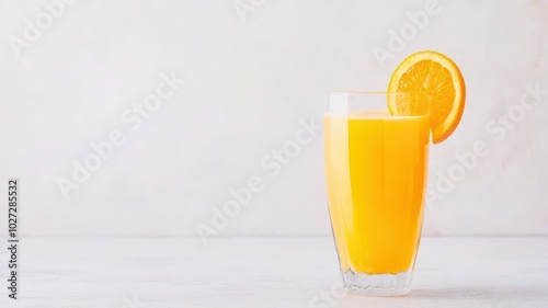 Fresh orange juice in a glass with a slice of orange on the rim, isolated on a light background.