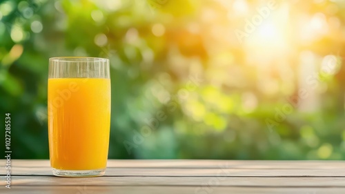 Fresh orange juice in a glass, placed on a wooden table, with a natural green background and soft sunlight.