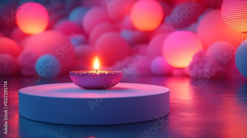 Whimsical 3D illustration of Diwalithemed podium with a glowing diya oil lamp and colorful paper lanterns artistically placed on a round card celebrating the joyous spirit of The Festival of Lights photo