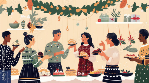 A multicultural Christmas celebration with people from diverse backgrounds sharing traditional holiday foods and decorations photo