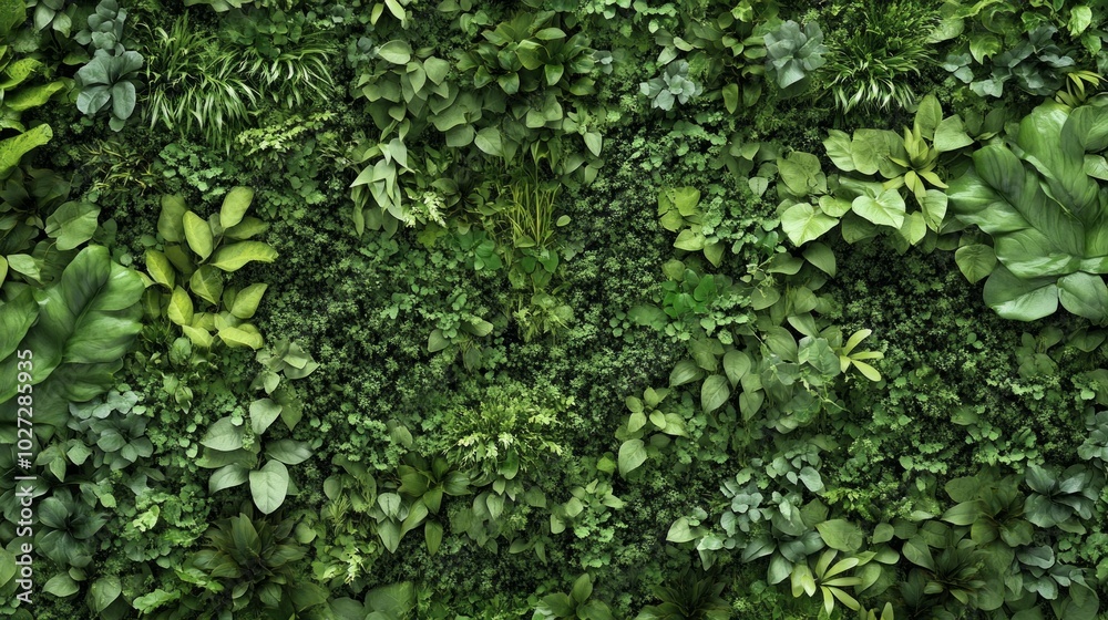 Lush vertical garden with diverse greenery and textures in a contemporary setting Lush vertical garden with diverse greenery and textures in a contemporary setting