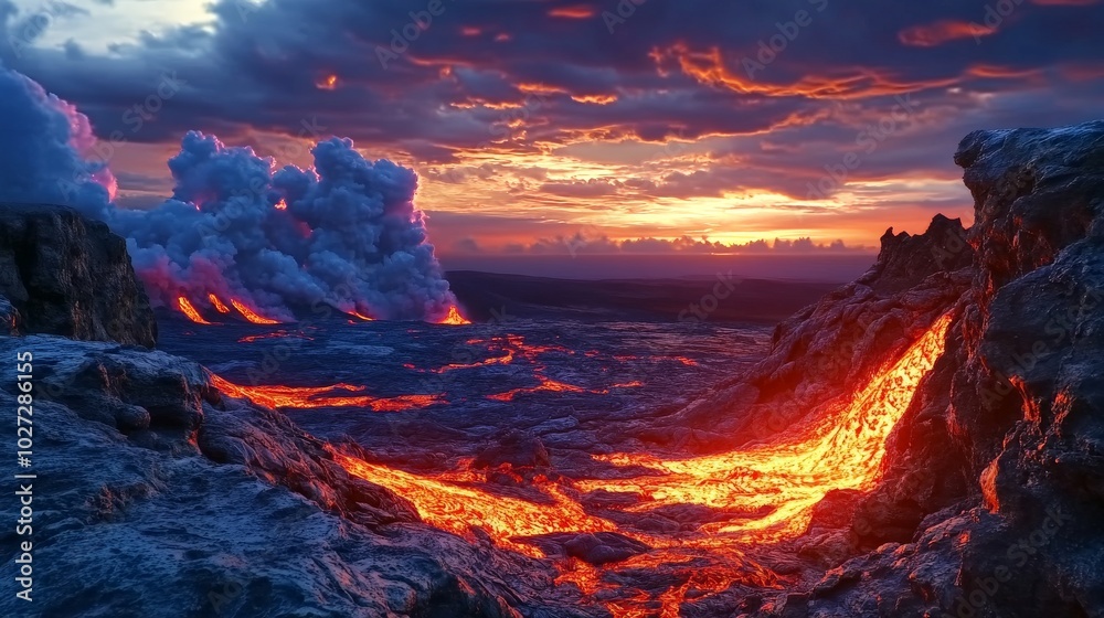 Fototapeta premium Volcanic Landscape at Sunset: A Fiery Spectacle of Nature