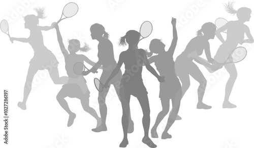 Silhouette Tennis players set. Active sports people healthy players fitness silhouettes concept.