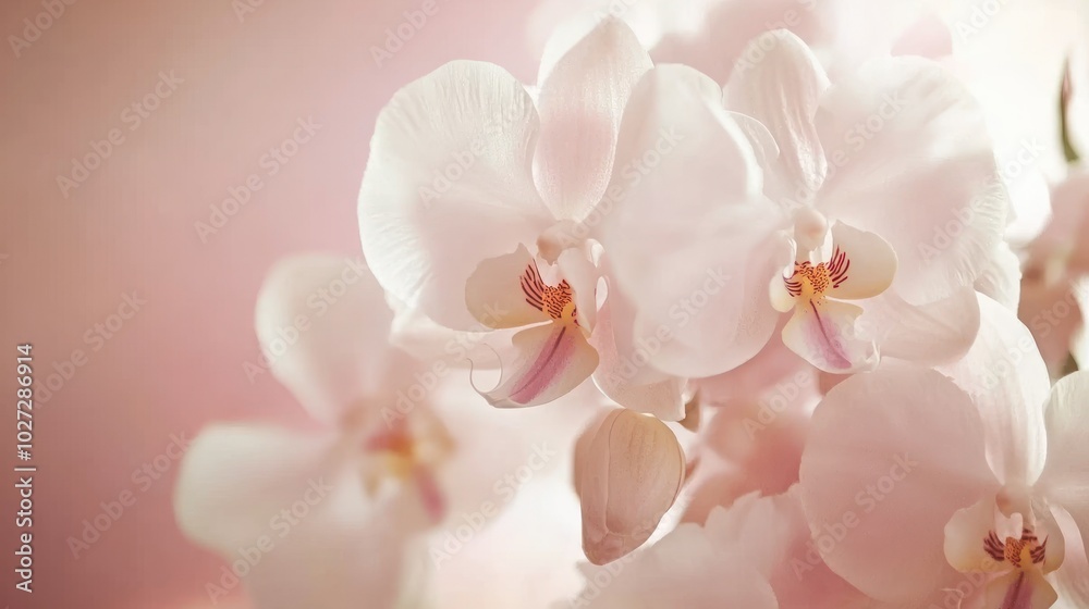 Close-up of Delicate White Orchid Flowers with Soft Pink Background Close-up of Delicate White Orchid Flowers with Soft Pink Background