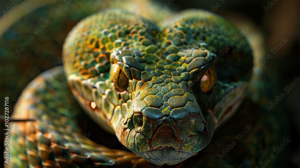 Fototapeta premium A green snake with brown spots on its head