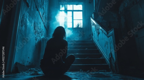 A woman is sitting on a staircase in a dark room