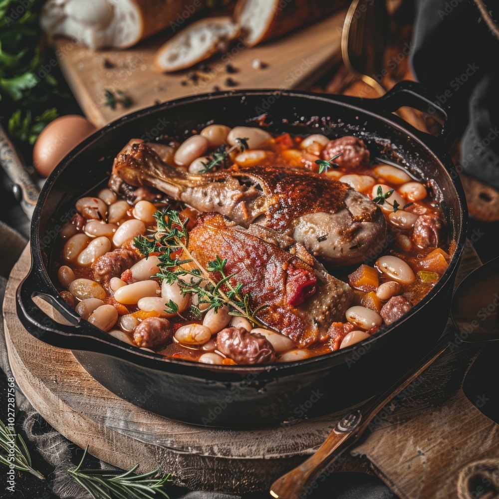 A hearty casserole in a cast iron skillet, brimming with beans and succulent meat, evokes warmth, comfort, and homeliness. A hearty casserole in a cast iron skillet, brimming with beans and succulent meat, evokes warmth, comfort, and homeliness.